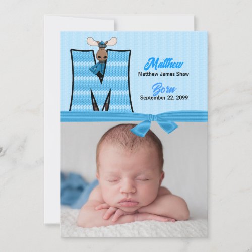 Monogram M Blue Moose Photo Birth Announcement