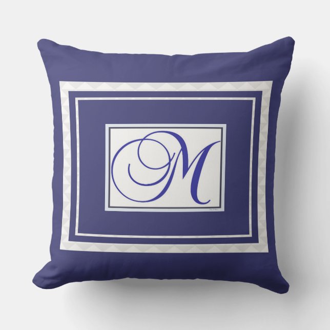 Monogram M Blue White Script Outdoor Pillow (Front)