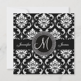 Monogram M Damask Black Wedding Invitations