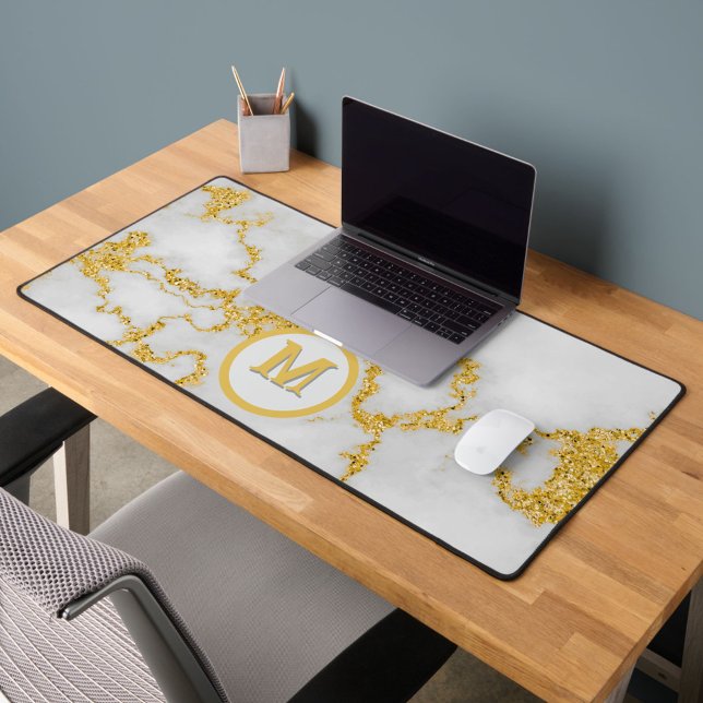  Monogram M Elegant White & Gold Marble Pattern Desk Mat (Creator Uploaded)