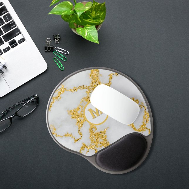  Monogram M Elegant White & Gold Marble Pattern Gel Mouse Pad (Creator Uploaded)