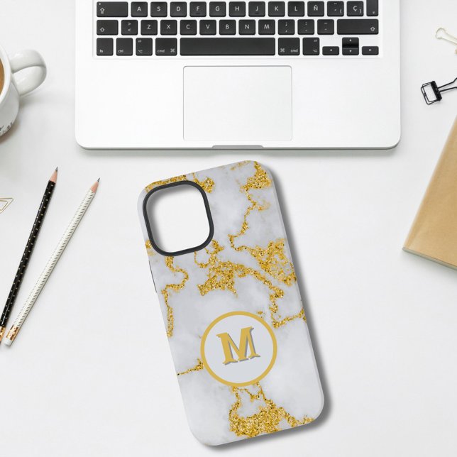  Monogram M Elegant White & Gold Marble Pattern iPhone Case (Creator Uploaded)