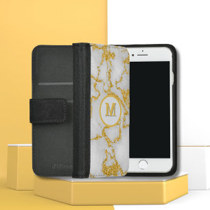 Monogram M Elegant White & Gold Marble Pattern iPhone 8/7 Wallet Case