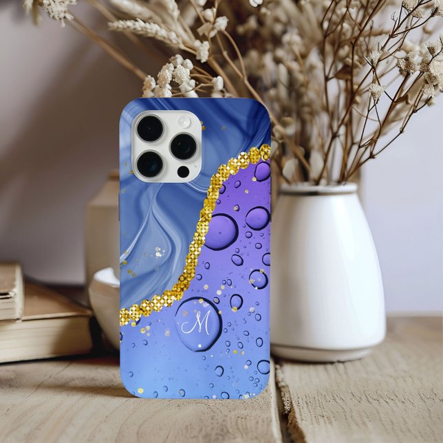 Monogram M Glam Gold Blue & Purple Droplets Case-Mate iPhone Case (Creator Uploaded)