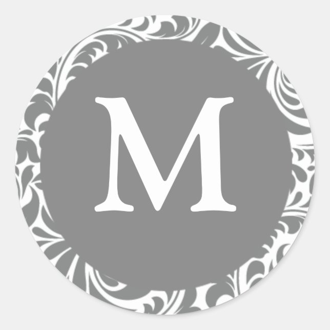 Monogram M Gray Grey Customizable Wedding Monogram Classic Round Sticker (Front)