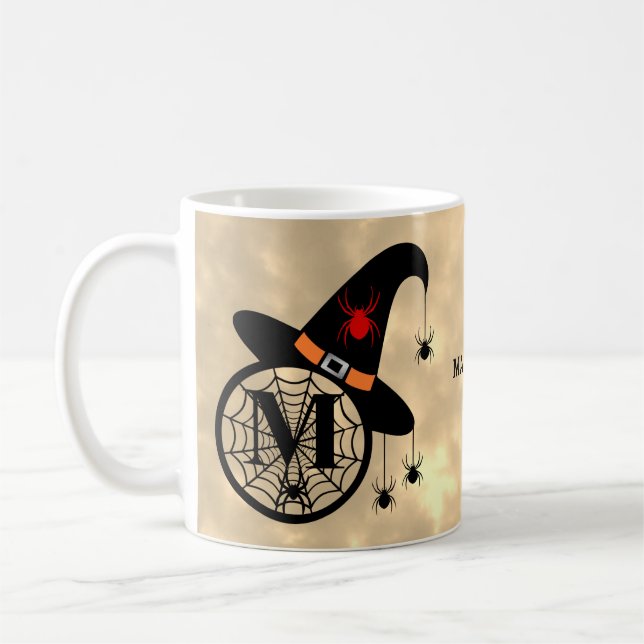Monogram M Halloween Sky Witch Spiders Name Coffee Mug (Left)