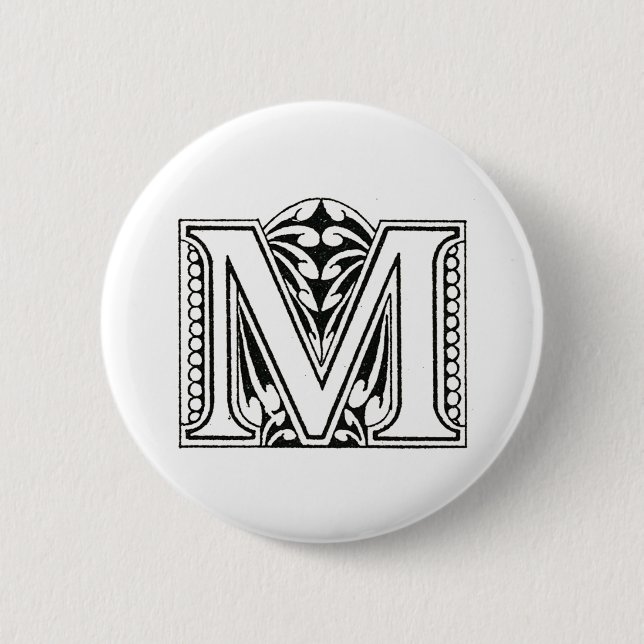 Monogram M, Letter M, Alphabet M, Black and White Button (Front)