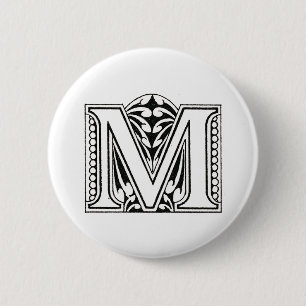 Monogram M, Letter M, Alphabet M, Black and White Button