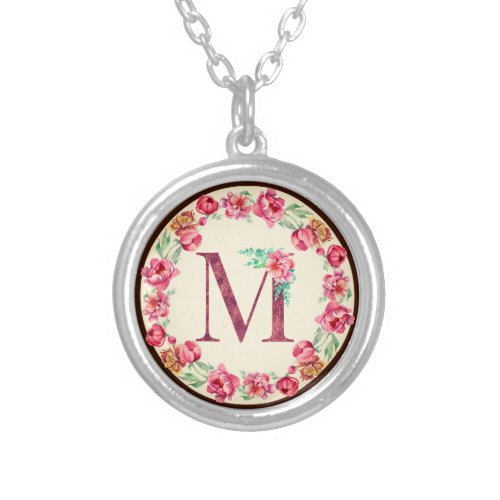 Monogram M Letter with Peony Flower Charm Silver Plated Necklace