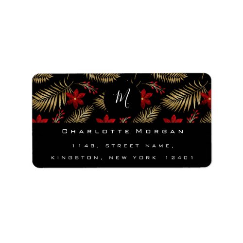 Monogram M Like Merry Black White Red Gold Flower Label