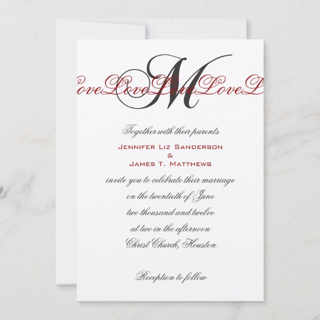Monogram M Love Wedding Invitations Cream Red (Front)