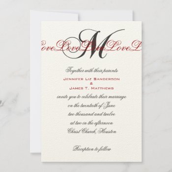 Monogram M Love Wedding Invitations Cream Red by monogramgallery at Zazzle