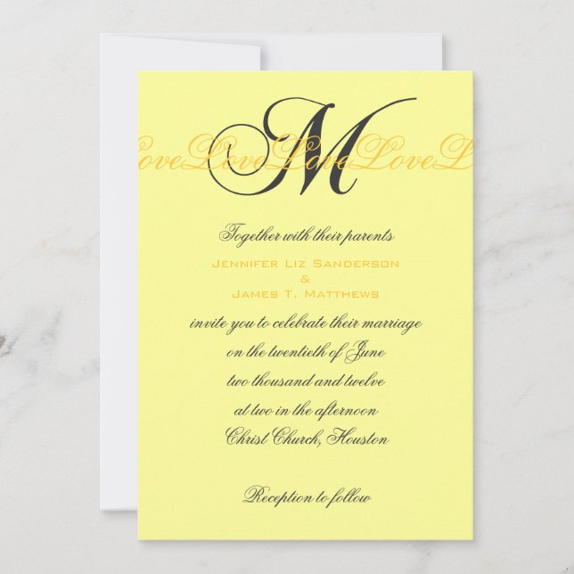 Monogram M Love Wedding Invitations Yellow (Front)