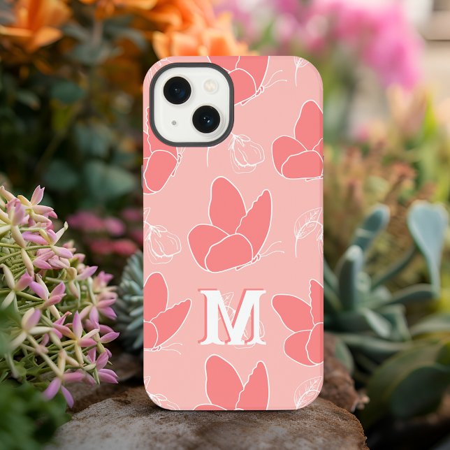Monogram M Modern Coral Pink Butterfly Pattern iPhone Case (Creator Uploaded)
