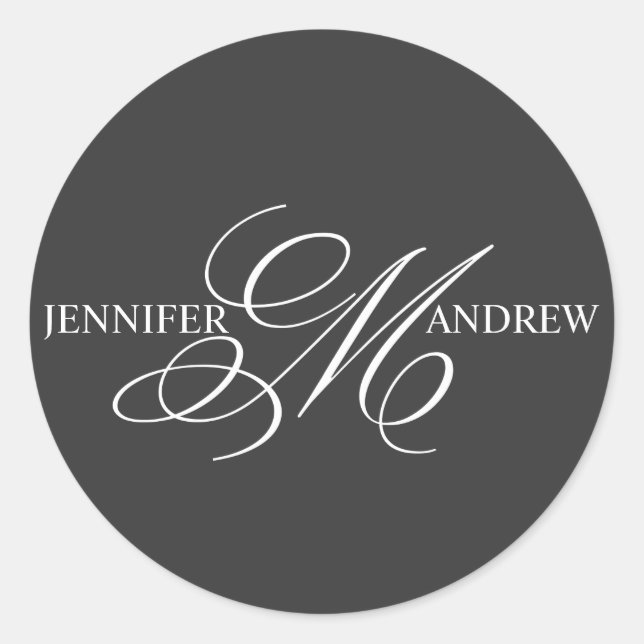 Monogram M Names Wedding Stickers Charcoal (Front)