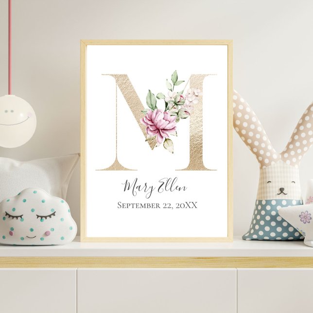 Monogram M Pink White Floral Gold Letter Nursery Poster (Gold Monogram M Letter M with Pink Flowers Wall Art for Nursery or Bedroom)