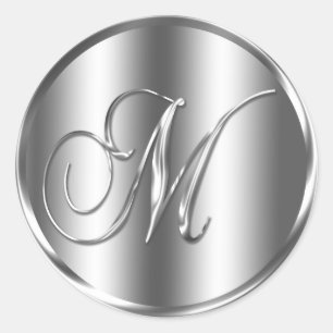 Monogram M Silver Color Wedding Invitation Holiday Classic Round Sticker