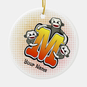 Monogram M Sock Monkey Ceramic Ornament