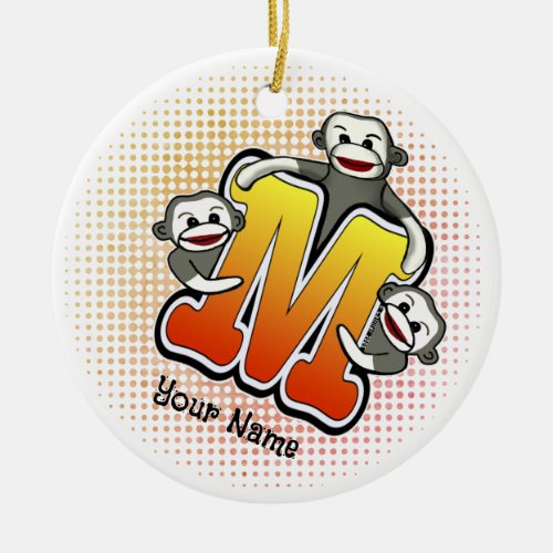 Monogram M Sock Monkey  Ceramic Ornament