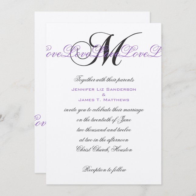Monogram M Wedding Invitations Purple Silver (Front/Back)