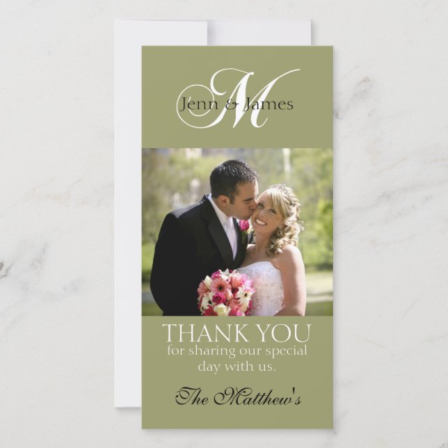 Monogram M Wedding Thank You Photo Cards Green (Front)