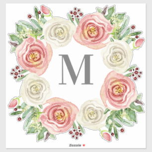 Monogram M Wedding Watercolor Rose Floral Wreath Sticker