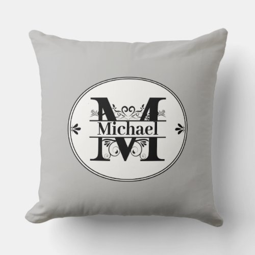 Monogram M with full name and colorchoice Throw Pillow