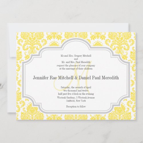 Monogram M Yellow  Damask Wedding Invitations