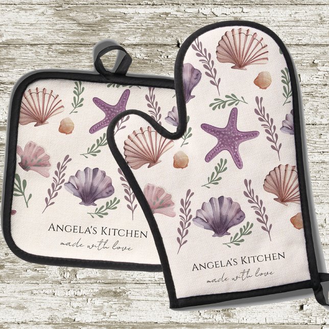 Monogram Made with Love Sea Shells Oven Mitt & Pot Holder Set (Creator Uploaded)