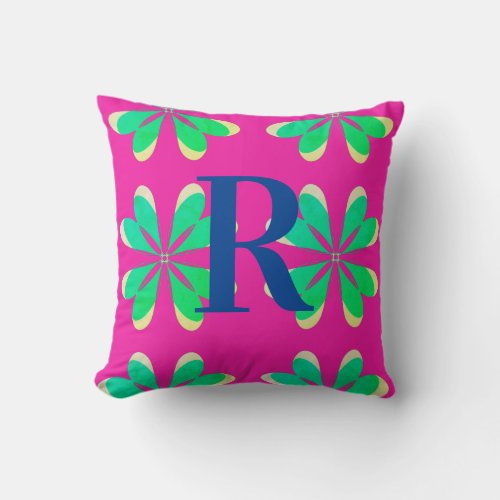 Monogram Magenta Emerald Green Retro Flower Throw Pillow