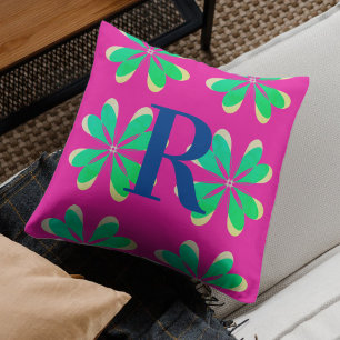 Monogram Magenta Emerald Green Retro Flower Throw Pillow