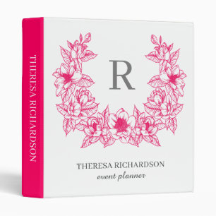 Monogram Magenta Magnolia Flowers Wreath 3 Ring Binder