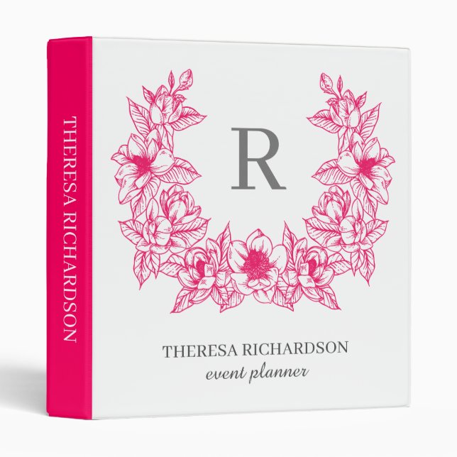 Monogram Magenta Magnolia Flowers Wreath 3 Ring Binder (Front/Spine)