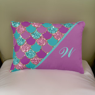 Monogram Magenta Purple Pink Teal Mermaid Scales Accent Pillow