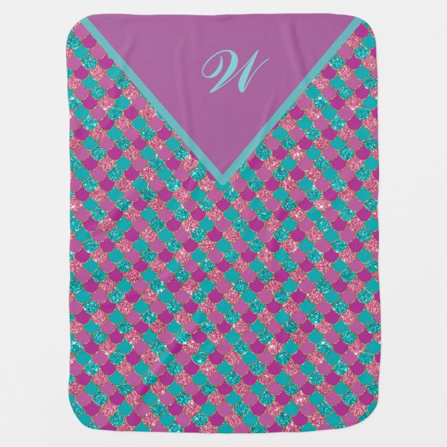 Monogram Magenta Purple Pink Teal Mermaid Scales Baby Blanket (Front)