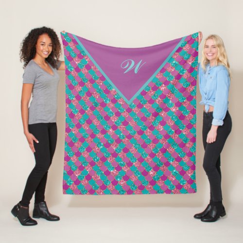 Monogram Magenta Purple Pink Teal Mermaid Scales Fleece Blanket