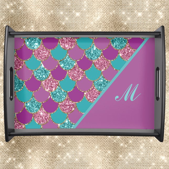 Monogram Magenta Purple Pink Teal Mermaid Scales Serving Tray (Creator Uploaded)