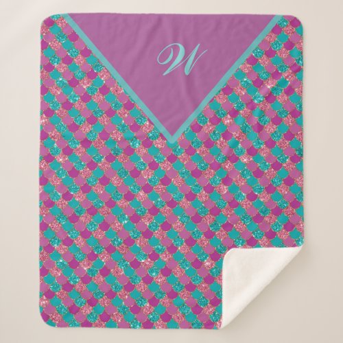 Monogram Magenta Purple Pink Teal Mermaid Scales Sherpa Blanket
