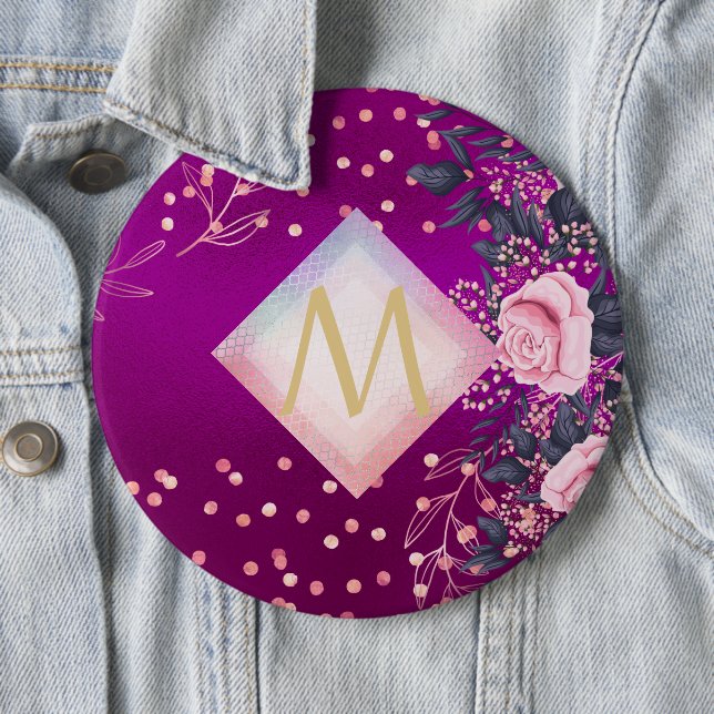 Monogram Magenta Rosegold Pink Metallic Glitter Button (In Situ)