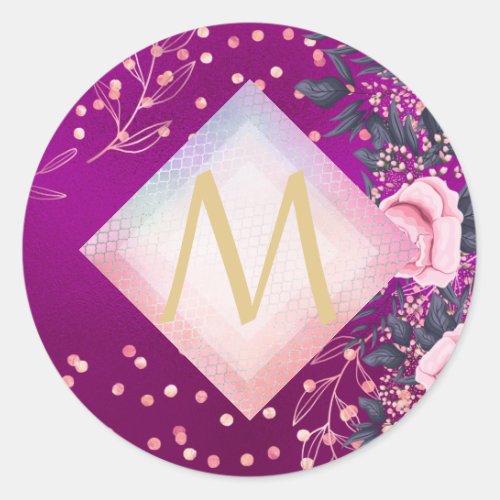 Monogram Magenta Rosegold Pink Metallic Glitter Classic Round Sticker