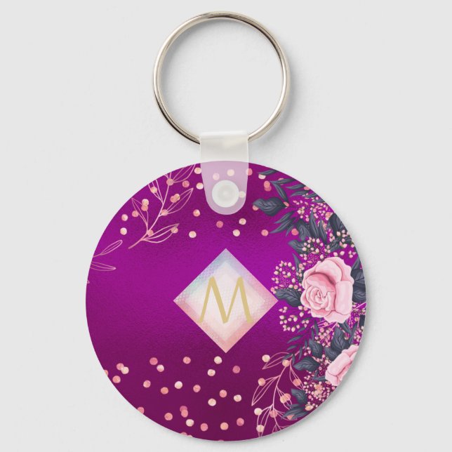 Monogram Magenta Rosegold Pink Metallic Glitter Keychain (Front)