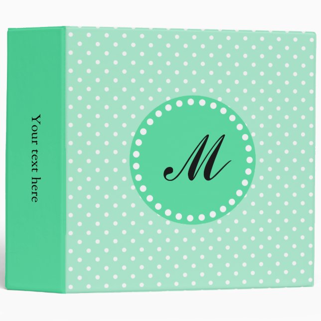 Monogram Magic Mint and White Polka Dot 3 Ring Binder (Front/Spine)