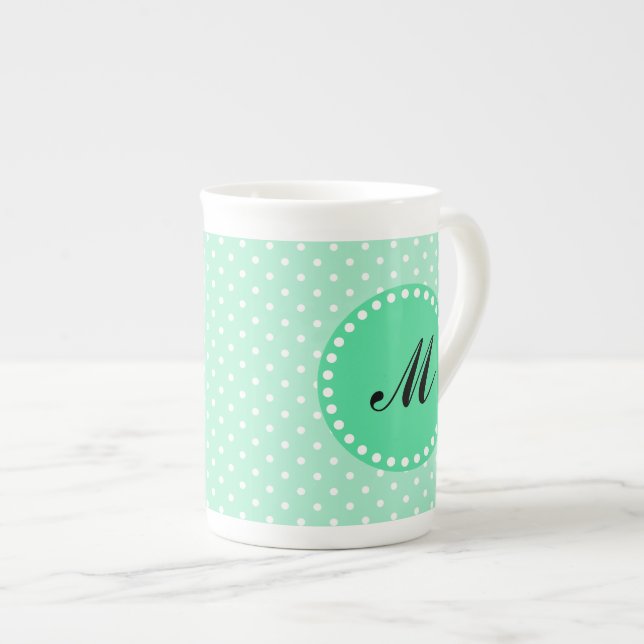 Monogram Magic Mint and White Polka Dot Bone China Mug (Front Right)