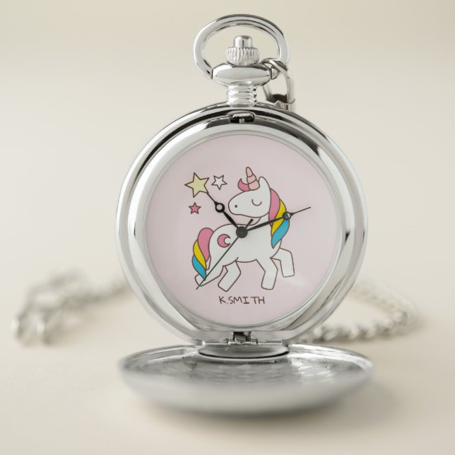 Monogram. Magical Cute Rainbow Unicorn. Pocket Watch (Inside)