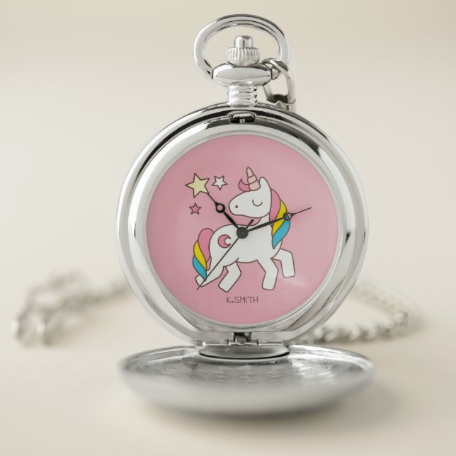 Monogram. Magical Cute Rainbow Unicorn. Pocket Watch (Inside)