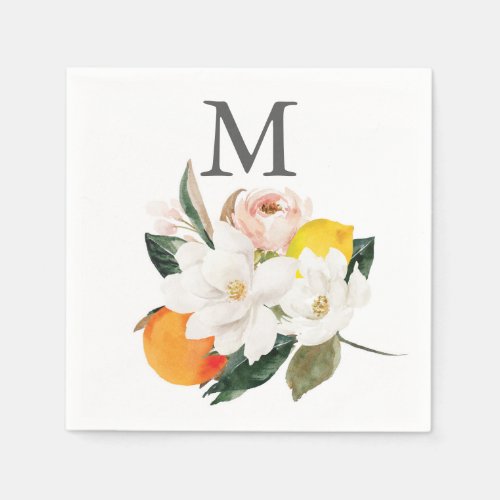 Monogram Magnolia Citrus Wedding Cocktail Napkin