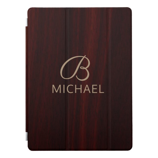 Monogram Mahogany Wood Timber Personalized Name iPad Pro Cover (Front)