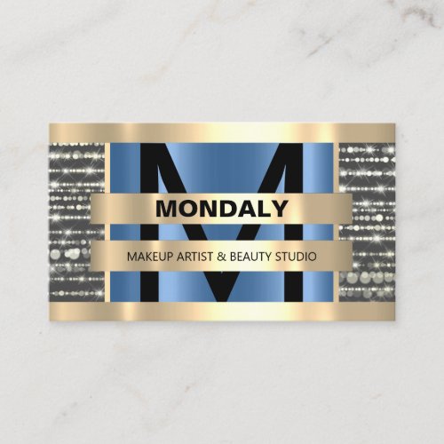 Monogram Makeup Artist Hair Salon Gold Blue Gray Business Card