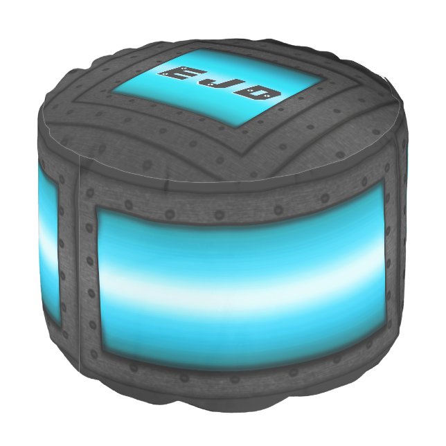 Monogram Man Cave Riveted Steel Frame on blue Pouf (Angled Back)