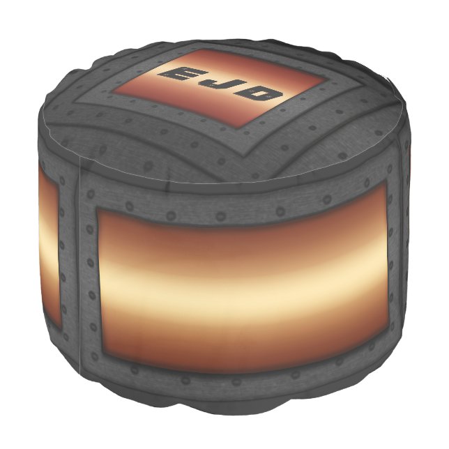 Monogram Man Cave Riveted Steel Frame on copper Pouf (Angled Back)